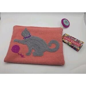 Jenny Krauss Makeup Bag Cosmetic Clutch Embroided Cat & Yarn Ball Kitty